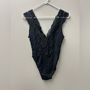 H.b. Intimates Women’s Black Lace V Neck Thong Bodysuit